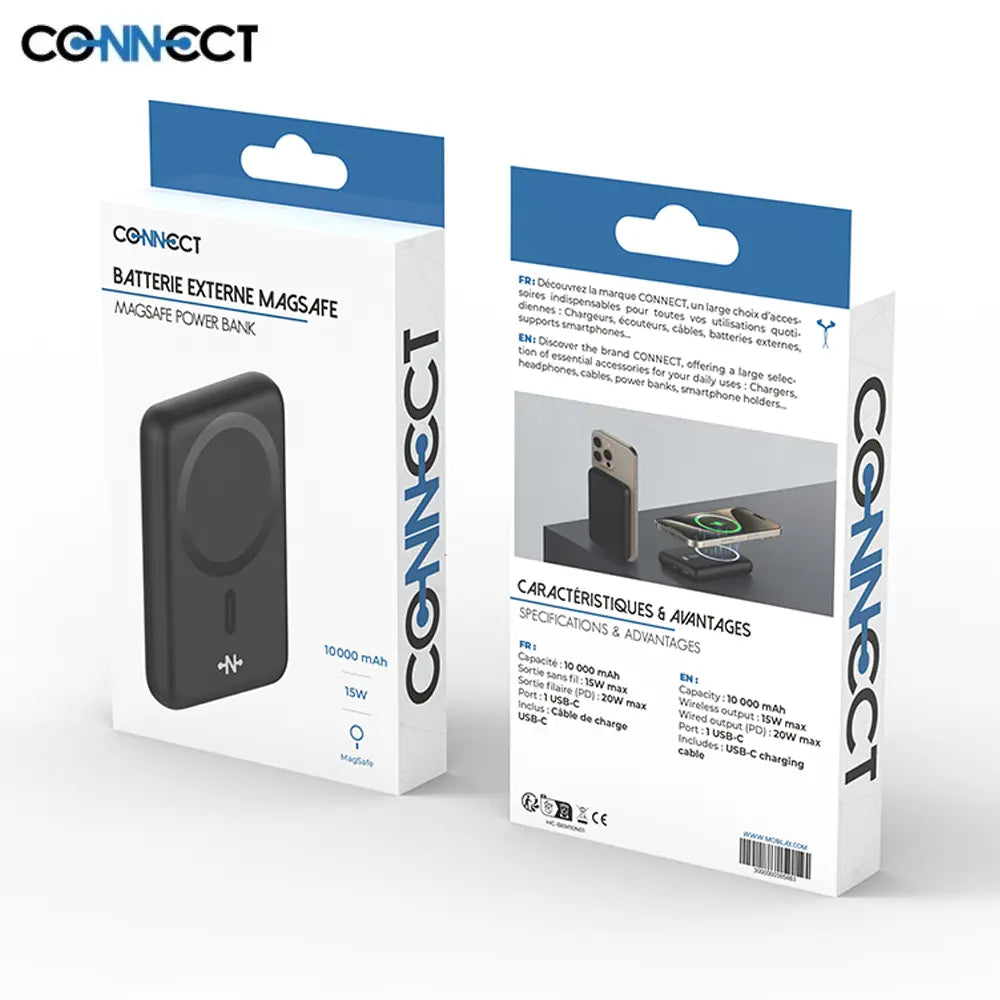Batterie Externe Power Bank sans Fil Magnétique MagSafe CONNECT MC-BEM10N01 10000mAh 15W Noir