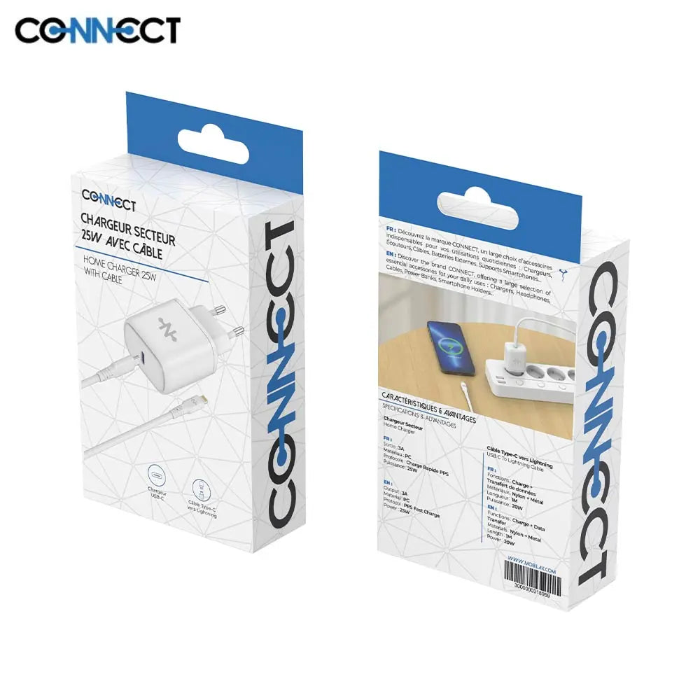 Chargeur Secteur USB-C CONNECT Charge Rapide 25W MC-CBC25W2 avec Câble Data USB-C vers Lightning MC-CLB12 (1m) Blanc