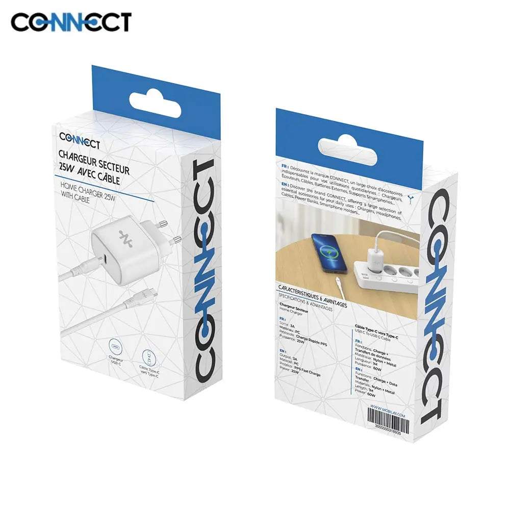 Chargeur Secteur USB-C CONNECT Charge Rapide 25W MC-CBC25W2 avec Câble Data USB-C vers USB-C MC-CCB12 (1m) Blanc