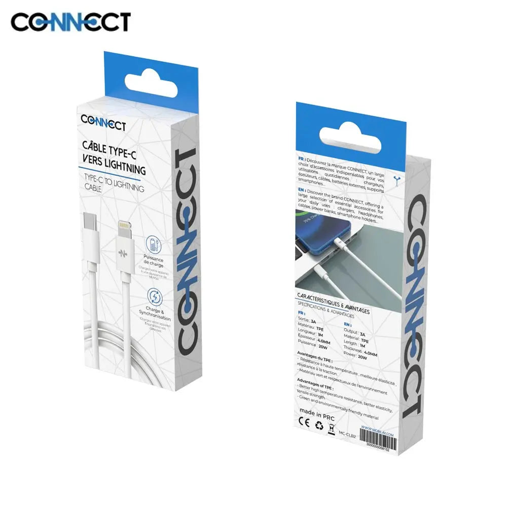 Câble Data USB-C vers Lightning CONNECT MC-CLB2 20W (1m) Blanc